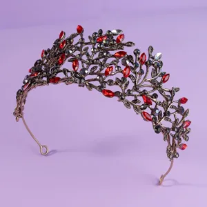 Vintage Gothic red rhinestone tiara crown for women, dark queen wedding party hair accessory.