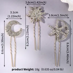 Rhinestone celestial hairpins set featuring moon and star designs for elegant banquet updos.