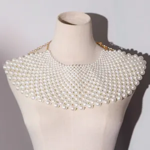 Multi-layer faux pearl bib necklace body chain fringe statement jewelry for women fashion.