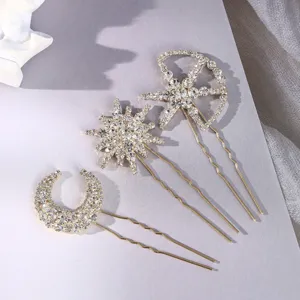 Rhinestone star moon hair pins set gold metal U shaped hairpins elegant bridal party hair accessories