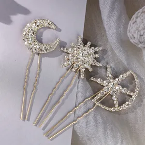 Rhinestone celestial hair pin set featuring moon and star designs for elegant banquet hair styling.
