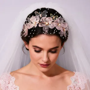 Romantic Mesh Tulle Flower Bridal Headband Fresh Artificial Pearl Butterfly Hair Band Elegance Sweet Princess Crown Headwear For Wedding Photography Women Jewelry