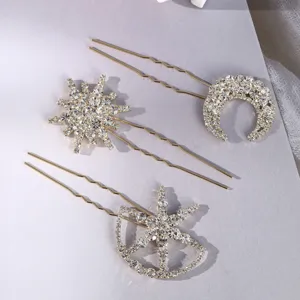 Rhinestone celestial hair pin set detail, shimmering star and moon hair fork accessory