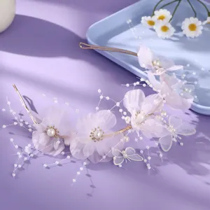 French style luxury bridal hair headband with pink organza flowers and pearls for wedding.