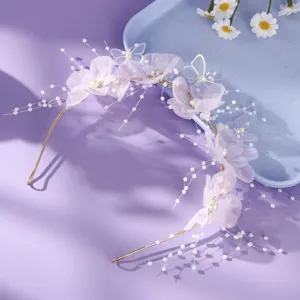 French bridal crystal flower headband pearl butterfly hair accessory for wedding party