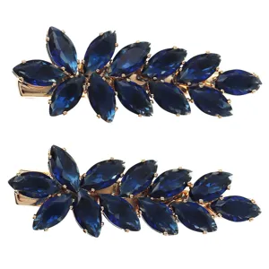 Élégantes pinces à cheveux en cristal bleu, barrettes dorées design feuille femmes.