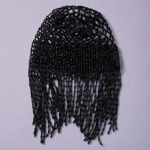 Schwarze Perlen Haube Vintage Fransen Kopfschmuck für Braut Hochzeit Party Zubehör.