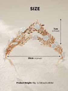 Diadème de mariée doré élégant avec fleurs blanches et feuilles de cristal, accessoire 16cm