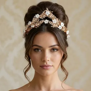 Diadème Nuptial en Pâte Polymère Fait Main Style Mori Branche De Feuille d'Or Couronne De Cheveux De Mariage Pour Mariée Femme Bijoux