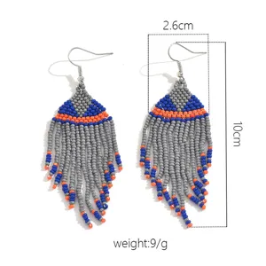 Beaded fringe earrings detail size specification showing 2.6cm width and 10cm height.