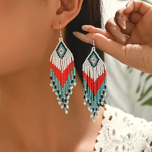 Handmade seed bead long fringe boho earrings ethnic geometric dangle jewelry for women