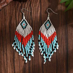 Bohemian handmade seed bead long fringe earrings vintage statement geometric ethnic jewelry