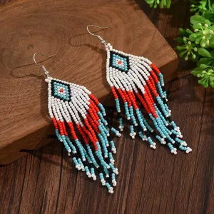 Handmade seed bead fringe earrings, Bohemian retro style long geometric drop earrings for women.