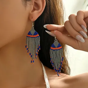 Bohemian geometric seed bead fringe earrings, handmade ethnic vintage dangle earrings for women.