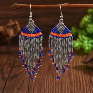 Bohemian geometric seed bead tassel earrings, handmade vintage drop earrings for women style.