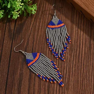 Bohemian geometric seed bead fringe earrings, handmade vintage style tassel drop earrings for women.