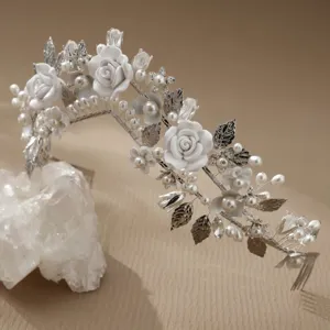 Bridal pearl soft clay flower tiara wedding crystal hair comb hair accessory for women