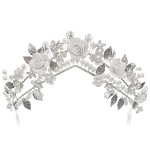 Bridal pearl soft pottery flower wedding tiara crown with side combs for elegant brides.
