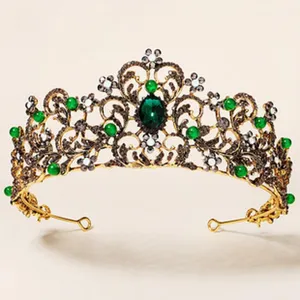Exquisite vintage green crystal gold tiara, elegant baroque bridal hair accessory crown.
