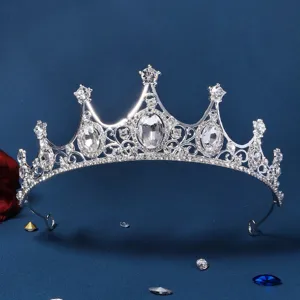 Bridal rhinestone crown tiara detail, sparkling silver crystal baroque hair accessory for wedding.