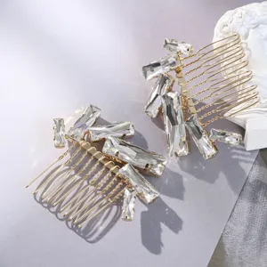 Elegant rhinestone hair comb set featuring sparkling square crystals and gold tone welded metal design.