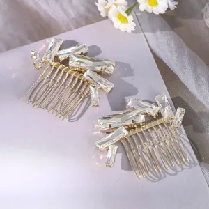 Crystal rhinestone hair comb 2pcs set, elegant gold metal bridal hair accessories for party updos.