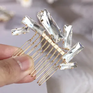 Crystal hair comb detail showing the exquisite square rhinestone and gold plating.