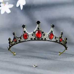 Baroque retro bridal crown tiara with red and black rhinestones for wedding hair accessories.