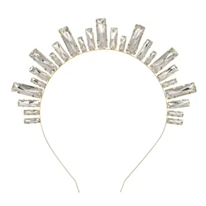 Elegant crystal sunburst tiara headband, sparkling rhinestone crown hair accessory for party.