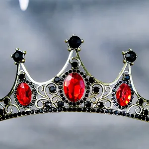 Baroque crystal bridal tiara crown, vintage black and red rhinestone hair piece.