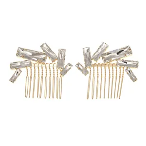 2-pack gold rhinestone hair combs, elegant baguette crystal updo hair pins for party and wedding.