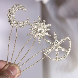Rhinestone star and moon hairpins set, elegant gold metal updo hair fork bridal accessories.