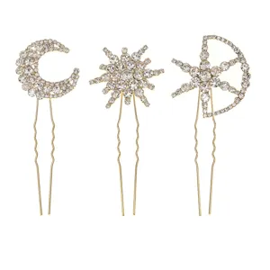 Rhinestone sun and moon hairpin set metal U shaped fork for elegant banquet hair styling
