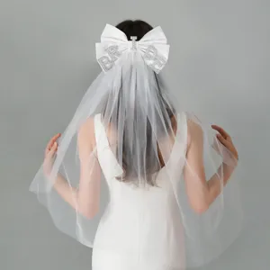Braut Brief Schleife Hochzeitsschleier Elegant Weißer Tüll Satinband Strass Künstliche Perle Haarspange Brautschmuck Junggesellenabschied Zubehör