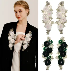 Parches de Flores de Tela 3D Cosidos a Mano con Diamantes de Imitación Broche de Aplique Bordado con Pin Para Traje Vestido de Noche DIY