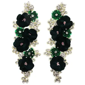 Parche decorativo de bricolaje con flores de tela verde oscuro y diamantes de imitación