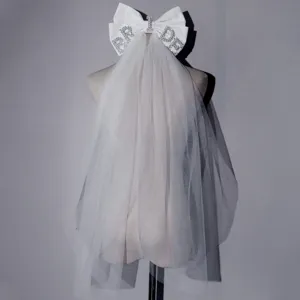 Braut weiße Schleife Schleier mit Strass, elegante Tüll Hochzeit Haarschmuck für Brautparty.