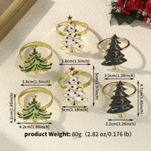 Christmas tree napkin rings set, alloy enamel rhinestone decor for holiday party table.