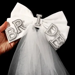 Braut weisse Satin Schleife Schleier mit Perle Strass Buchstaben Hochzeit Haarschmuck