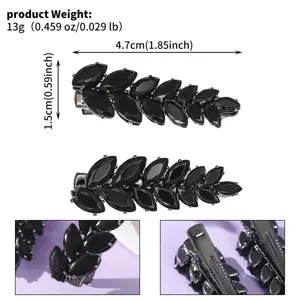 Détails de la pince à cheveux en zircone noire avec solide pince à ressort en métal.