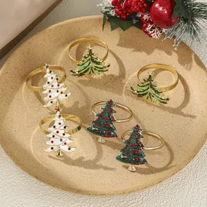 Christmas tree napkin rings set, alloy enamel rhinestone table decor for holiday party dinner.