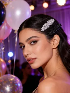 Gros plan de pinces a cheveux exquises en zircone marquise et strass noir sur le modele.