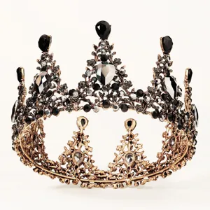 Vintage baroque black crystal rhinestone crown tiara bridal wedding hair accessory alloy