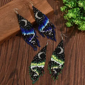 Bohemian Handmade Glass Seed Bead Tassel Earrings For Women Exaggerated Ethnic Moon Drop Dangle Earrings Iron Hook Jewelry