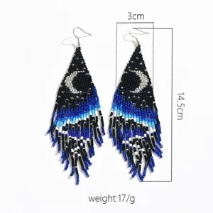 Boho handmade beaded fringe earrings with moon pattern, long drop statement earrings.