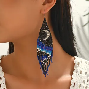 Bohemian seed bead dangle earrings handmade fringe moon drop earrings for women fashion jewelry