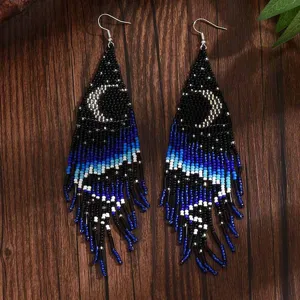 Handmade beaded fringe earrings, bohemian moon dangle earrings for women, stylish gift.