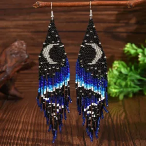 Handmade bohemian beaded fringe moon earrings, long drop design for women fashion style.