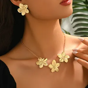 Übertriebenes Mode Gold Metall Blumen Halskette und Ohrringe Set für Frauen, schick.