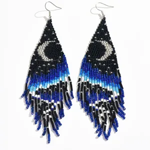 Bohemian beaded moon fringe earrings, handmade long drop earrings for women and girls.